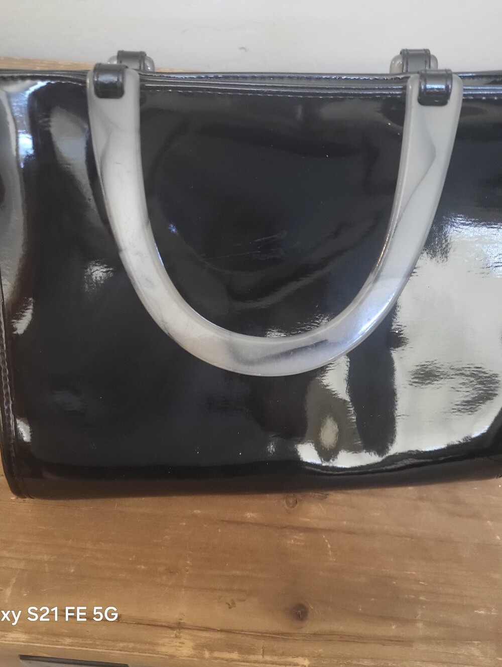 Patent Black Shoulder Bag with Light Gray Handles